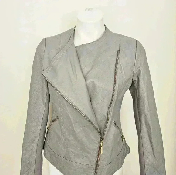 Stunning Women's Gray Quilted 100% Leather Moto Jacket - Size Small - Picture 2 of 15